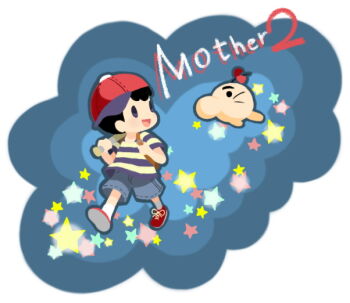 1boy baseball_bat black_hair black_hat commentary_request copyright_name doseisan hat holding holding_baseball_bat male_focus mother_(series) mother_2 ness_(mother_2) nintendo open_mouth red_shoes shirt shoes sideways_hat sneakers socks solid_oval_eyes star_(symbol) striped_clothes striped_shirt tanba_(tanba-art) walking white_socks