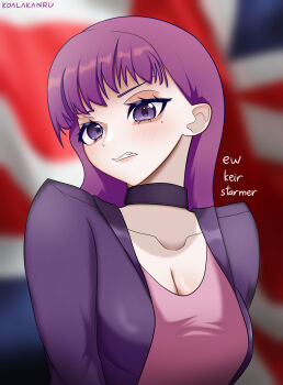 1girl 2026 alternate_breast_size_(larger) alternate_hairstyle amelia_(pathways) animification artist_name bag black_jacket blunt_bangs blurry blurry_background blush bob_cut breasts choker cleavage clenched_teeth commentary disgust earrings english_commentary eyebrows_hidden_by_hair female_focus flag highres jacket jewelry koalakanru large_breasts lips long_hair long_sleeves looking_at_viewer mole mole_under_eye pathways_(game) purple_eyes teeth union_jack upper_body