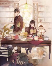 Rule 34 | 1boy, 1girl, black hair, black suit, book, book stack, bow, bowtie, character request, closed mouth, closet, copyright request, formal, glasses, grey eyes, hand in pocket, highres, holding, holding book, indoors, lamp, long hair, looking at viewer, necktie, niwa haruki, on chair, plant, shelf, short hair, sidelocks, sitting, smile, suit, table, vase, window