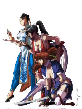 Rule 34 | 3girls, arm guards, armor, black hair, blue pants, bracelet, breasts, brown eyes, brown hair, capcom, china dress, chinese clothes, choker, chun-li, cleavage, crossover, dead or alive, double bun, dress, earrings, eyeshadow, fatal fury, fighting stance, folded fan, folding fan, full body, hair bun, hair ribbon, hand fan, hand on own hip, high ponytail, highres, holding, holding fan, holding sword, holding weapon, japanese armor, japanese clothes, jewelry, kasumi (doa), kimono, large breasts, leaning forward, leggings, lips, lipstick, long hair, makeup, medium breasts, multiple crossover, multiple girls, ninja, no bra, on one knee, pants, pelvic curtain, ponytail, raydash30, retro artstyle, revealing clothes, reverse grip, ribbon, sash, shin guards, shiranui mai, shoes, short sleeves, short sword, side slit, sideboob, simple background, smile, spandex, standing, street fighter, street fighter 6, sword, the king of fighters, thighhighs, thighs, vambraces, watermark, weapon, web address, white background, yellow ribbon