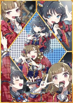 2girls 5th_live_tour_~4pair_power_spread!!!!~ absurdres arm_up blue_eyes blue_hair brown_hair collared_shirt commentary diamond_hands dollchestra finger_gun hair_bun highres holding holding_microphone jacket kachimachi_kosuzu link!_like!_love_live! long_hair love_live! microphone multiple_girls multiple_views murano_sayaka official_alternate_costume pink_eyes plaid_clothes plaid_jacket red_jacket screen shirt sio_pasta sparkle taiyou_de_are! v
