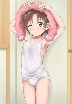 1girl armpits arms_up blush brown_eyes brown_hair closed_mouth commentary covered_erect_nipples cowboy_shot crotch_seam drying drying_hair highres holding holding_towel indoors light_frown loli looking_at_viewer medalist_(manga) nazunazu one_eye_closed panties short_hair solo standing tank_top thigh_gap towel underwear underwear_only wet white_panties white_tank_top yuitsuka_inori