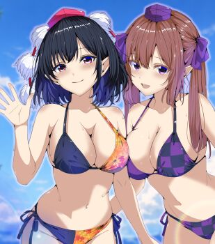 Rule 34 | 2girls, alternate costume, bikini, black bikini, black hair, blue sky, blush, breasts, brown hair, checkered bikini, checkered clothes, cleavage, closed mouth, cloud, collarbone, commentary request, day, hat, highres, himekaidou hatate, kitaura kasumi, large breasts, leaf print, lens flare, long hair, looking at viewer, maple leaf print, medium hair, multicolored bikini, multiple girls, navel, open mouth, outdoors, pointy ears, pom pom (clothes), print bikini, purple bikini, purple eyes, purple hat, red eyes, red hat, shameimaru aya, side-tie bikini bottom, sky, smile, stomach, sweat, swimsuit, tokin hat, touhou, twintails, two-tone bikini, waving