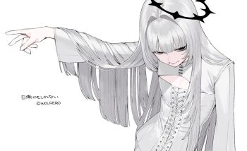 1boy :> artist_name black_eyes black_halo blunt_bangs cleavage_cutout closed_mouth clothing_cutout commentary contrapposto copyright_name copyright_notice cross-laced_clothes cross-laced_top empty_eyes from_above grey_hair hair_intakes hair_over_shoulder hajime_(wolrero) halo hand_up head_tilt long_hair long_sleeves looking_at_viewer looking_up nichijou_kamoshirenai sanpaku shirt sidelocks simple_background smile solo spiked_halo straight_hair tilted_halo trap tsurime upper_body white_background white_shirt wolrero