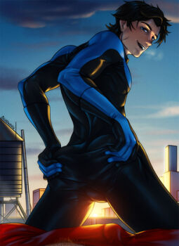 1boy cloud dick_grayson lowres male_focus nightwing sky superhero_costume tagme