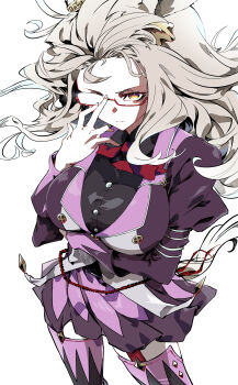 1girl absurdres animal_ears biwa_hayahide_(pf._winning_equation...)_(umamusume) biwa_hayahide_(umamusume) black_shirt boots breasts commentary_request commission ear_ornament glasses hasukurira highres horse_ears horse_girl jacket large_breasts long_hair looking_at_viewer neck_ribbon partial_commentary pixiv_commission purple_boots purple_jacket purple_skirt red-framed_eyewear red_ribbon ribbon semi-rimless_eyewear shirt simple_background skirt solo standing umamusume very_long_hair wavy_hair white_background yellow_eyes