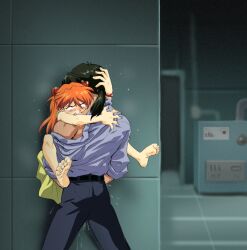 1boy 1girl absurdres against_wall age_difference amondetauro barefoot bite_mark biting black_hair black_pants blue_shirt censored dress feet hetero highres hug indoors interface_headset_(evangelion) kaji_ryouji long_hair mature_male mosaic_censoring neck_biting neon_genesis_evangelion orange_hair pants ponytail sex shirt souryuu_asuka_langley suspended_congress toes yellow_dress