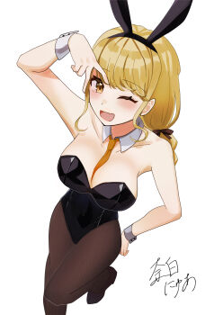 1girl :d ;d absurdres alternate_costume animal_ear_hairband animal_ears arm_up armpits between_breasts black_leotard blonde_hair blush breasts brown_pantyhose clothes_between_breasts collarbone commentary_request detached_collar fake_animal_ears fang fujita_kotone gakuen_idolmaster hairband highres idolmaster leotard looking_at_viewer medium_breasts nashiro_nyua necktie necktie_between_breasts one_eye_closed open_mouth orange_necktie pantyhose partial_commentary playboy_bunny rabbit_ear_hairband rabbit_ears signature simple_background skin_fang smile solo strapless strapless_leotard v v_over_eye white_background wrist_cuffs yellow_eyes