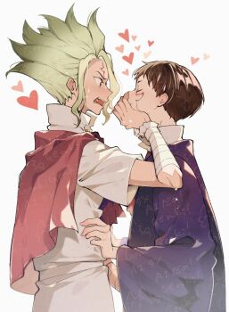 2boys asagiri_gen bandaged_arm bandages black_hair blush brown_hair capelet closed_eyes covering_another&#039;s_mouth dr._stone facial_mark fang gokigenaraiguma green_hair heart highres ishigami_senkuu long_sleeves looking_at_another male_focus multicolored_hair multiple_boys open_mouth red_capelet robe shirt short_hair short_sleeves simple_background spiked_hair sweat sweatdrop tongue two-tone_hair white_background white_shirt wide_sleeves yaoi