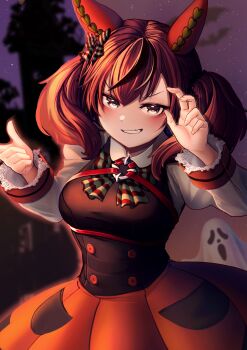 1girl absurdres alternate_breast_size_(larger) alternate_costume animal_ears black_corset black_streaks blush bow bowtie breasts brown_eyes brown_hair commentary_request corset ear_bow ear_covers ear_ornament fang green_bow green_bowtie halloween halloween_costume hands_up highres horse_ears horse_girl hoshikuzu_kizuna_(kizuna_stardust) juliet_sleeves large_breasts long_hair long_sleeves looking_at_viewer multicolored_hair nice_nature_(umamusume) puffy_sleeves pumpkin_skirt skin_fang smile solo streaked_hair striped_bow striped_bowtie striped_clothes twintails umamusume