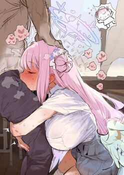 1boy 1girl absurdres blue_archive blue_halo blush breasts deepthroat doodle_sensei_(blue_archive) ear_blush fellatio from_side gradient_halo grey_skirt hair_bun halo heart hetero highres hug_and_suck large_breasts long_hair mika_(blue_archive) multicolored_halo oral pink_hair pink_halo poriuretan sensei_(blue_archive) shirt short_sleeves single_side_bun skirt solo_focus spoken_heart sweat white_shirt