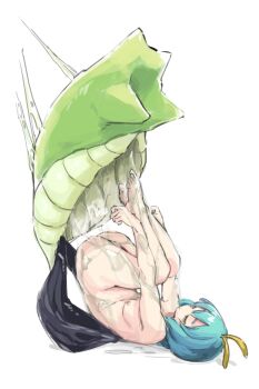 1girl aqua_hair ass butterfly_wings chrysalis_(butterfly) closed_eyes closed_mouth completely_nude eternity_larva hair_between_eyes highres insect_wings itatatata liquid nude short_hair simple_background solo touhou white_background wings