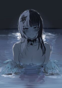 1girl absurdres black_choker black_hair breasts chainsaw_man choker closed_mouth grey_eyes highres hololive hololive_english i&#039;ll_teach_you_everything_(chainsaw_man) karu_(karusenpai) long_hair looking_at_viewer medium_breasts multicolored_hair partially_submerged pool scene_reference shiori_novella sketch smile solo split-color_hair two-tone_hair virtual_youtuber white_hair
