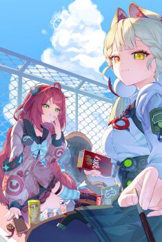 2girls absurdres alice_thymefield animal animal_ears backpack bag bag_charm belt black_pantyhose black_sailor_collar blue_sky boots braid braided_twintails brown_boots can cardigan cellphone cellphone_charm charm_(object) chest_bow closed_mouth cloud covering_own_mouth cumulonimbus_cloud drink drink_can fence food green_eyes green_skirt grin hair_ornament hearing_aid heterochromia highres incoming_gift kamanosuke_(zenless_zone_zero) leegh19769 long_hair looking_at_viewer multiple_girls outdoors pantyhose phone pink_cardigan pocky pov rabbit_ears rabbit_girl raccoon red_eyes red_hair sailor_collar school_uniform shirt sitting skirt sky smartphone smile soda_can sphere_hair_ornament striped_clothes striped_thighhighs tanuki thigh_strap thighhighs twintails ukinami_yuzuha white_shirt yellow_eyes zenless_zone_zero