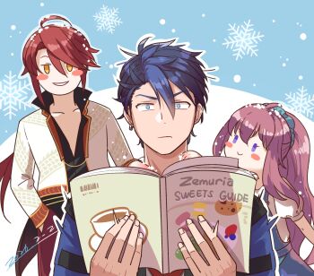 1girl 2boys aaron_wei ahoge aradonkey black_hair blue_eyes blue_hair book closed_mouth commentary_request curtained_hair dated dragon_print earrings eiyuu_densetsu english_text grin hair_between_eyes hair_slicked_back half_updo highres holding holding_book jewelry kuro_no_kiseki_(series) long_hair multicolored_hair multiple_boys open_book open_mouth parted_bangs pink_hair puffy_short_sleeves puffy_sleeves reading short_hair short_sleeves sidelocks smile snowflakes snowing swept_bangs two-tone_background two-tone_hair upper_body van_arkride yellow_eyes yume_(kuro_no_kiseki)