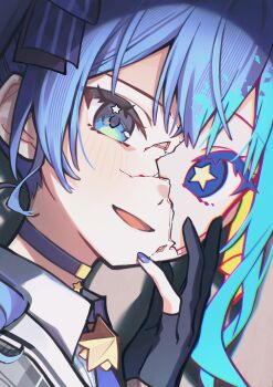 1girl absurdres black_gloves blue_eyes blue_hair blue_nails blush close-up commentary_request cracked_kawaii_mask cracked_mask cracked_skin gloves hand_on_own_cheek hand_on_own_face highres hololive hoshimachi_suisei looking_at_viewer meme nail_polish parted_lips partially_fingerless_gloves pendant_choker smile solo star-shaped_pupils star_(symbol) star_in_eye symbol-shaped_pupils symbol_in_eye tsukino_(nakajimaseiki) virtual_youtuber