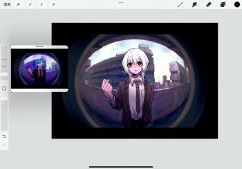 1boy art_program_in_frame balcony black_pants brown_cardigan cardigan clenched_hand collared_shirt commentary_request dress_shirt from_inside hand_up highres monitoring_(vocaloid) necktie pants peephole red_eyes red_necktie saihate_eki screenshot_inset shirt solo tatsunami_shion white_shirt xiaoquanjiuhe