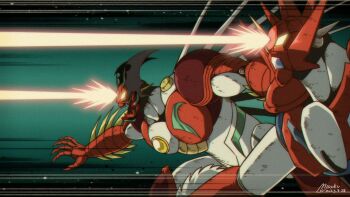 arm_blade armor biomechanical cape chest_jewel claws core energy_beam forehead_beam from_side gem getter_arc getter_beam getter_robo getter_robo_arc getter_robo_d2 glowing glowing_eyes hands_up head_spikes head_wings highres laser mecha mecha_focus miroku_(miroku_t) multicolored_armor no_humans open_mouth outstretched_arms profile red_armor red_cape robot sharp_teeth spread_arms super_robot teeth upper_body weapon white_armor wings yellow_eyes yellow_gemstone