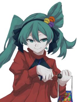 Rule 34 | 1girl, aqua eyes, aqua hair, candy, commentary, dress, eye hair ornament, eye symbol, eyeball hair ornament, folded hair, food, hair ribbon, hatsune miku, holding, holding candy, holding food, holding lollipop, lollipop, long hair, long sleeves, psi (vocaloid), puffy sleeves, red dress, ribbon, smile, solo, twintails, uneven twintails, utdgki53, vocaloid, white background