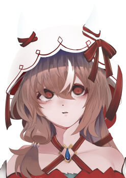 1girl absurdres animal_ears bare_shoulders blending blush bow brown_hair collarbone commentary_request dress ear_ribbon hair_between_eyes hair_over_shoulder highres medium_hair multicolored_hair niihiro216 off-shoulder_dress off_shoulder parted_lips ponytail red_dress red_eyes red_ribbon ribbon simple_background solo still_in_love_(umamusume) umamusume white_background white_hair