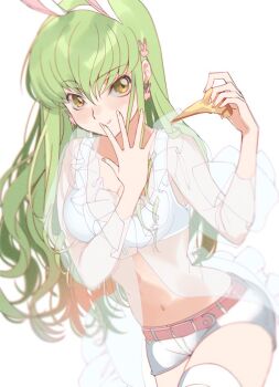 1girl animal_ears belt breasts c.c. cleavage code_geass creayus earrings fake_animal_ears food green_hair hair_ornament holding holding_food holding_pizza jewelry long_hair medium_breasts midriff navel pink_belt pizza rabbit_ears shorts solo thighhighs white_background yellow_eyes