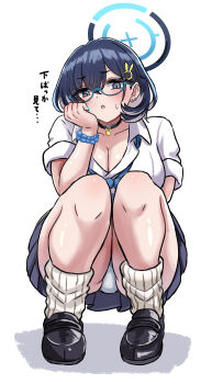 1girl :o absurdres black_shoes blue_archive blue_bow blue_bowtie blue_eyes blue_hair blue_halo blue_skirt blush bow bowtie breasts chihiro_(blue_archive) choker cleavage collarbone commentary_request ear_piercing glasses hair_between_eyes hair_ornament halo highres large_breasts latte_(a_nextsystem) loose_socks panties pantyshot piercing scrunchie shirt shoes short_hair skirt sleeves_rolled_up socks solo squatting thighs underwear white_panties white_shirt white_socks wrist_scrunchie