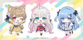 3girls :d ;3 ;d ahoge animal_ear_fluff animal_ears bare_shoulders black_bow black_shoes black_socks blue_hair blue_necktie blue_ribbon blunt_bangs blush bow bowtie brown_hair chibi chibi_only closed_mouth coat commentary_request copyright_notice detached_sleeves dog_ears dog_girl dog_tail dress flower footwear_bow frilled_dress frills full_body gradient_hair hair_bow hair_flower hair_intakes hair_ornament hair_ribbon hand_up hands_up heart heart_hair_ornament kokone_muiru leg_up long_hair long_sleeves looking_at_viewer multicolored_hair multiple_girls necktie official_art okamori_kuo one_eye_closed open_clothes open_coat open_mouth pink_hair pleated_dress pleated_skirt polka_dot polka_dot_bow polka_dot_bowtie red_bow red_bowtie red_eyes red_skirt ribbon runoa_hirune sample_watermark shirt shoes short_hair single_thighhigh skirt sleeveless sleeveless_shirt smile socks standing standing_on_one_leg striped_bow suzuhina_chuno tail thigh_strap thighhighs two-tone_hair two_side_up veil_project very_long_hair virtual_youtuber waist_bow watermark white_coat white_flower white_hair white_shirt white_skirt white_thighhighs yellow_bow yellow_dress