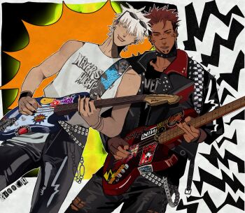 2boys ac/dc alternate_costume alternate_skin_color artist_name background_request bad_brains_(band) band_shirt belt black_choker black_jacket black_nails black_pants black_sabbath black_shirt blue_eyes bracelet bridge_piercing choker closed_mouth collarbone_tattoo colored_eyelashes commentary cowboy_shot crew_cut denim dutch_angle ear_piercing electric_guitar english_commentary eyebrow_piercing eyewear_on_head face_piercing facial_tattoo gojou_satoru gorillaz guitar highres holding holding_guitar holding_instrument instrument jacket jeans jewelry jujutsu_kaisen labret_piercing leather leather_jacket leather_pants light_smile lip_piercing looking_at_another looking_at_object male_focus merchandise mole mole_on_neck mole_under_eye mole_under_mouth mullet multicolored_jacket multiple_boys multiple_moles music nine_inch_nails nirvana_(band) outline pants piercing pink_hair playing_guitar playing_instrument plug_(piercing) punk rancid_(band) red_eyes red_hot_chili_peppers red_jacket round_eyewear ryoumen_sukuna_(jujutsu_kaisen) shirt sleeveless sleeveless_shirt smiley_face snakebite_(piercing) spiked_choker spiked_jacket spikes sticker studded_belt sunglasses system_of_a_down tan tattoo to_0fu too_many_stickers torn_clothes torn_pants two-tone_jacket wallet_chain white_eyelashes white_hair white_outline white_shirt zipper