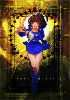 Rule 34 | 1girl, arle nadja, belt, belt buckle, blue belt, blue boots, blue dress, boots, brown eyes, brown hair, buckle, carbuncle (puyopuyo), character name, commentary request, creature, creature on arm, dress, full body, looking at viewer, narita imomushi, open mouth, ponytail, puyopuyo, short dress, single shoulder pad, smile, standing, standing on one leg, tank top, teeth, thighs, upper teeth only, white tank top, wristband, yellow background