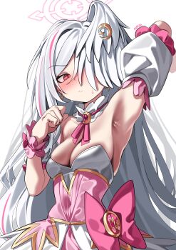 1girl absurdres arm_behind_head arm_up armpits blue_archive blush breasts bustier covering_one_eye crescent crescent_hair_ornament grey_wings hair_ornament halo head_wings highres long_hair looking_at_viewer magical_girl medium_breasts nose_blush official_alternate_costume pink_eyes pink_halo presenting_armpit rirua_(kjom802) single_hair_intake single_head_wing solo suzumi_(blue_archive) suzumi_(magical)_(blue_archive) upper_body very_long_hair wings
