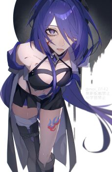 1girl absurdres acheron_(honkai:_star_rail) asymmetrical_legwear bandages blood blood_on_face coattails crop_top hair_over_one_eye hashtag-only_commentary highres honkai:_star_rail honkai_(series) jacket leaning_forward leg_tattoo long_hair looking_at_viewer navel open_clothes open_jacket purple_eyes purple_hair shino_(moi_0142) shorts single_bare_shoulder solo tattoo thighs very_long_hair white_background