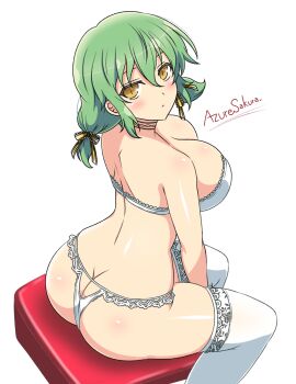 1girl ass azuresakura back blush bow bra breasts brown_eyes butt_crack cleavage closed_mouth commentary_request green_hair hair_bow highres hikage_(senran_kagura) large_breasts looking_at_viewer medium_hair panties senran_kagura senran_kagura_burst senran_kagura_burst_re:newal senran_kagura_estival_versus senran_kagura_new_link senran_kagura_shinovi_versus shoulder_blades simple_background sitting solo thighhighs thighs underwear white_background white_bra white_panties white_thighhighs yellow_bow