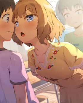 1girl 2boys ahoge angry black_hair blue_eyes blush brown_hair classroom closed_mouth collarbone commentary day desk dot_nose dress eyebrows eyelashes green_shirt hair_ornament highres idolmaster idolmaster_cinderella_girls indoors layered_sleeves leaning_forward loli medium_hair multiple_boys open_mouth print_dress purple_shirt school_desk seneto shirt short_hair short_sleeves shota suou_momoko wavy_hair wavy_mouth yellow_dress