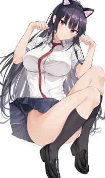 1girl animal_ears black_hair black_shoes black_socks breasts button_gap cat_ears closed_mouth clothes_lift collared_shirt convenient_leg fake_animal_ears haite_kudasai_takamine-san hands_up hiiragi_yuuichi kneehighs knees_up large_breasts light_smile loafers long_hair looking_at_viewer miniskirt necktie paw_pose pleated_skirt red_eyes shirt shoes short_sleeves simple_background skirt skirt_lift socks solo takamine_takane thighs white_background