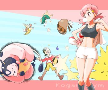 1boy 1girl absurdres animal_ears backwards_hat baseball_cap breasts chewing_gum closed_eyes collarbone cow_ears cow_horns crop_top ethan_(pokemon) feathers gen_1_pokemon gen_2_pokemon hat highres horns medium_breasts midriff miltank navel nintendo open_mouth pidgeotto pink_hair pokemon pokemon_gsc pokemon_hgss potion_(pokemon) quilava rollout_(pokemon) sentret shorts star_(symbol) u4_99384295 white_shorts whitney_(pokemon) wings wristband