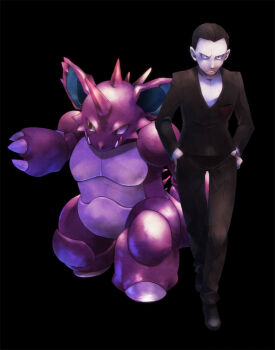 00s 1990s_(style) black_hair formal_clothes gen_1_pokemon giovanni_(pokemon) gym_leader morori nidoking nintendo pokemon pokemon_(creature) pokemon_frlg pokemon_rgby retro_artstyle suit team_rocket