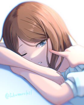 1girl bang_dream! bang_dream!_it's_mygo!!!!! blue_eyes blush brown_hair cheek_poking chihaya_anon commentary_request fukumaru1021 highres long_hair nagasaki_soyo one_eye_closed open_mouth poking solo