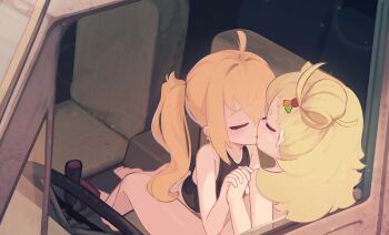 2girls absurdres bare_legs barefoot between_legs black_tank_top blonde_hair blush bottomless car_interior closed_eyes commentary completely_nude english_commentary french_kiss highres holding_hands interlocked_fingers kanbaki kiss loli long_hair luciana_de_montefio mixed-language_commentary motor_vehicle multiple_girls nude paid_reward_available piper_wheel side_ponytail steering_wheel tank_top truck truck_interior yuri zenless_zone_zero