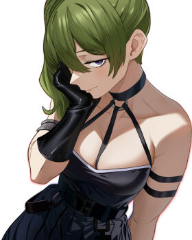 1girl absurdres black_choker black_dress black_gloves breasts choker cleavage closed_mouth collarbone dress gloves green_hair hair_over_one_eye highres jmx_(j_m_x) looking_at_viewer medium_breasts purple_eyes side_ponytail simple_background solo sousou_no_frieren ubel_(sousou_no_frieren) upper_body white_background