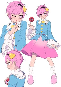 Rule 34 | 1girl, ;o, absurdres, aqua shirt, black hairband, black ribbon, buttons, closed mouth, collared shirt, commentary, english commentary, finger heart, frilled shirt collar, frilled sleeves, frills, full body, hair ornament, hairband, heart, heart button, heart hair ornament, highres, komeiji satori, long sleeves, looking at viewer, mefomefo, multiple views, one eye closed, open mouth, pink eyes, pink hair, pink slippers, ribbon, ribbon-trimmed collar, ribbon trim, shirt, short hair, simple background, slippers, socks, standing, third eye, touhou, white background, white socks, wide sleeves