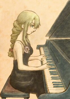 Rule 34 | 1girl, agrias oaks, bare shoulders, beige background, black dress, blonde hair, blue eyes, braid, braided ponytail, casual, dress, expressionless, female focus, final fantasy, final fantasy tactics, flower, formal clothes, from side, instrument, long hair, looking down, mocha (monocromer), music, piano, playing instrument, rose, sidelocks, simple background, single braid, sitting, sleeveless, sleeveless dress, solo