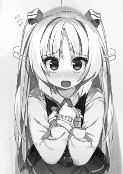 Rule 34 | 1girl, blush, buta koushaku, charlotte lily hughjack, crying, flying sweatdrops, hair ribbon, hands on own chest, holding, holding wand, holding weapon, long hair, long sleeves, looking at viewer, motion lines, nauribon, novel illustration, official art, open mouth, raised inner eyebrows, ribbon, school uniform, skirt, solo, standing, tearing up, tears, third-party source, two side up, very long hair, wand, wavy mouth, weapon