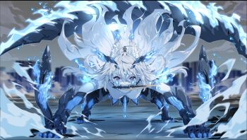 Rule 34 | 1boy, 1girl, all fours, animal ear fluff, animal ears, arm blade, armlet, armored boots, black hair, blue fire, boots, colored skin, dagger, facial mark, fangs, fantasy, fire, gauntlets, giant, giantess, highres, jewelry, knife, long hair, looking at viewer, original, purple eyes, shorts, slit pupils, standing on another's head, straight-on, weapon, weapon in mouth, white hair, white skin, wolf ears, wolf girl, zhu fun