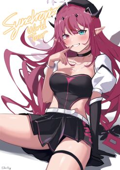 1girl absurdres black_skirt blue_eyes blush breasts cleavage collarbone commentary english_commentary heterochromia highres hololive hololive_english horns irys_(hololive) long_hair medium_breasts miniskirt multicolored_hair parted_lips pointy_ears purple_eyes purple_hair red_hair revealing_clothes shift_(shiftillust) skirt smile solo streaked_hair two-tone_hair virtual_youtuber