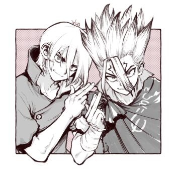 Rule 34 | 2boys, :3, bandaged arm, bandages, cloak, closed mouth, commentary request, dr. stone, facial mark, forehead mark, greyscale, grin, hair between eyes, hands up, ishigami senkuu, looking at viewer, male focus, middle finger, monochrome, multiple boys, nanami ryuusui, ninomae gin, polka dot, polka dot background, short hair, smile, smirk, spiked hair, upper body