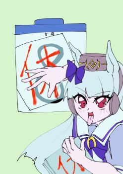 1girl animal_ears animated animated_gif blue_hair bow calendar_(object) commentary_request ear_covers gold_ship_(umamusume) hair_bow horse_ears horse_girl long_hair looping_animation pillbox_hat red_eyes school_uniform solo tongue tongue_out tracen_school_uniform umamusume zyusyu