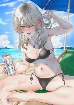 1girl adversarial_noise beach beer_can bikini black_bikini blue_nails breasts can chibi commentary_request commission day drink_can ear_piercing girls_band_cry grey_eyes grey_hair highres holding holding_can kawaragi_momoka long_hair medium_breasts nail_polish navel noir_(nowaru) ocean open_mouth parasol piercing red_eyes side-tie_bikini_bottom sitting skeb_commission solo stomach swimsuit toenail_polish toenails umbrella