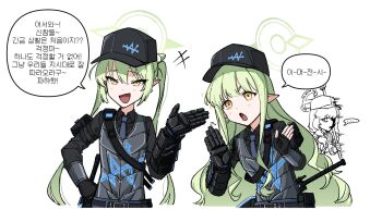 Rule 34 | +++, ..., 3girls, :d, alternate costume, aoba (blue archive), belt, black belt, black gauntlets, black gloves, black shirt, black vest, blue archive, blue necktie, collared shirt, commentary request, daresuki 05, fancy embedded notes, fang, fingerless gloves, gloves, green eyes, green hair, hair between eyes, highres, hikari (blue archive), holding, holding weapon, korean commentary, korean text, limbus company, long hair, long sleeves, mechanical arms, multiple girls, necktie, nozomi (blue archive), open mouth, partially translated, pointy ears, project moon, shirt, skin fang, smile, spoken ellipsis, translation request, twintails, vest, w corp. (identity) (project moon), weapon, weapon on back, white background, yellow eyes