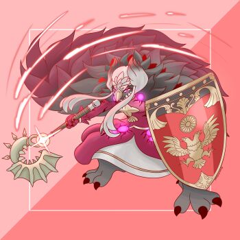 1girl axe aymr_(fire_emblem) beak bird_girl commentary dress edelgard_von_hresvelg edelgard_von_hresvelg_(hegemon) edelgard_von_hresvelg_(timeskip) english_commentary feather_cape fighting_stance fire_emblem fire_emblem:_three_houses fire_emblem_shadows glowing glowing_eyes grey_hair head_wings highres holding holding_axe holding_shield kite_shield looking_at_viewer monster_girl multicolored_hair nintendo official_alternate_costume purple_eyes red_dress romesketches shield short_hair_with_long_locks solo talons two-tone_hair white_hair wings