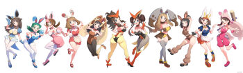 6+girls absurdres alternate_costume animal_ear_headwear animal_ears apron arm_behind_back arm_behind_head ass azumarill azumarill_(cosplay) backless_outfit bare_shoulders black_eyes black_hair black_leotard black_pantyhose blue_eyes blue_gloves blue_leotard breasts brown_eyes brown_gloves brown_hair brown_leotard brown_skirt brown_tube_top choker cleavage collarbone commentary_request contrapposto cosplay covered_collarbone covered_navel cowboy_shot cropped_legs dawn_(pokemon) detached_collar diggersby diggersby_(cosplay) donut_hair_bun double_v egg fake_animal_ears fake_tail frills from_behind full_body gen_1_pokemon gen_2_pokemon gen_3_pokemon gen_4_pokemon gen_5_pokemon gen_6_pokemon gen_7_pokemon gen_8_pokemon gloria_(pokemon) gloves gonzarez green_eyes green_hair grey_eyes grey_pantyhose grey_thighhighs hair_bun hairband high_ponytail highres hilda_(pokemon) holding holding_egg horns juliana_(pokemon) jumping kris_(pokemon) large_breasts leaf_(pokemon) legendary_pokemon leotard long_hair long_sleeves looking_at_viewer lop_rabbit_ears lopunny lopunny_(cosplay) low_neckline lyra_(pokemon) maid mallet may_(pokemon) medium_breasts mudbray mudbray_(cosplay) multiple_girls mythical_pokemon navel necktie nidoqueen nidoqueen_(cosplay) nintendo one_eye_closed open_mouth orange_gloves orange_leotard outstretched_arms panties pantyhose playboy_bunny pokemon pokemon_bw pokemon_bw2 pokemon_dppt pokemon_egg pokemon_frlg pokemon_gsc pokemon_hgss pokemon_rse pokemon_sm pokemon_sv pokemon_swsh pokemon_xy ponytail puffy_short_sleeves puffy_sleeves rabbit_ears rabbit_pose rabbit_tail rosa_(pokemon) scorbunny scorbunny_(cosplay) selene_(pokemon) serena_(pokemon) short_sleeves sidelocks simple_background single_horn skirt spiked_hairband spikes spinda spinda_(cosplay) standing strapless strapless_leotard tail thigh_gap thighhighs tinkaton tinkaton_(cosplay) tube_top underwear v victini victini_(cosplay) waist_apron white_background white_leotard white_pantyhose wide_hips wigglytuff wigglytuff_(cosplay) wristband yellow_panties yellow_tube_top